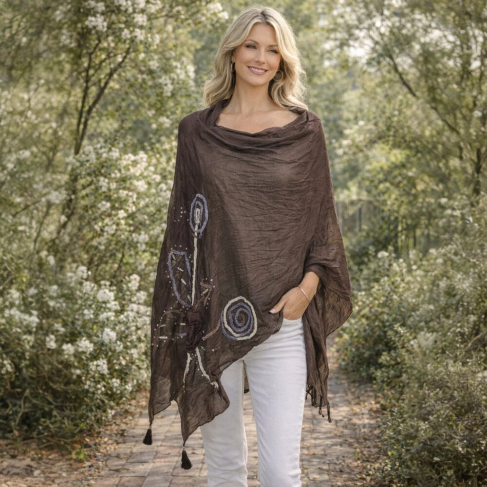Dark Brown Embellished Scarf Poncho Detachable Tassel Accents